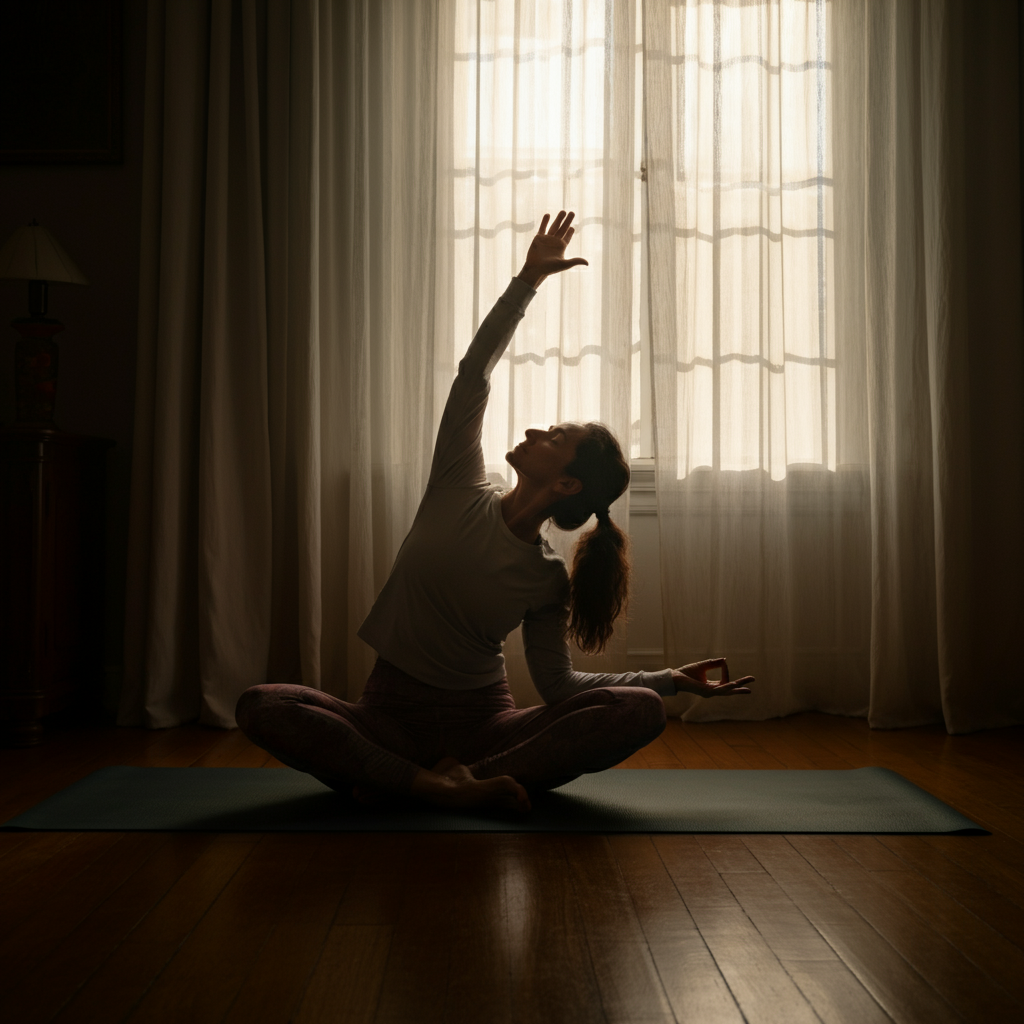 A woman is practicing yoga in a sunlit room. Soft light filters through the sheer curtains, creating a peaceful and serene atmosphere. The scene evokes a sense of calm and mindfulness.