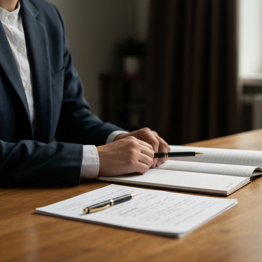 A well-lit kitchen table with a notebook, pen, and a partially filled guest list. The scene is side-lit, highlighting the texture of the wooden table and the crisp white paper. Soft focus on the background, suggesting a lived-in but tidy space.