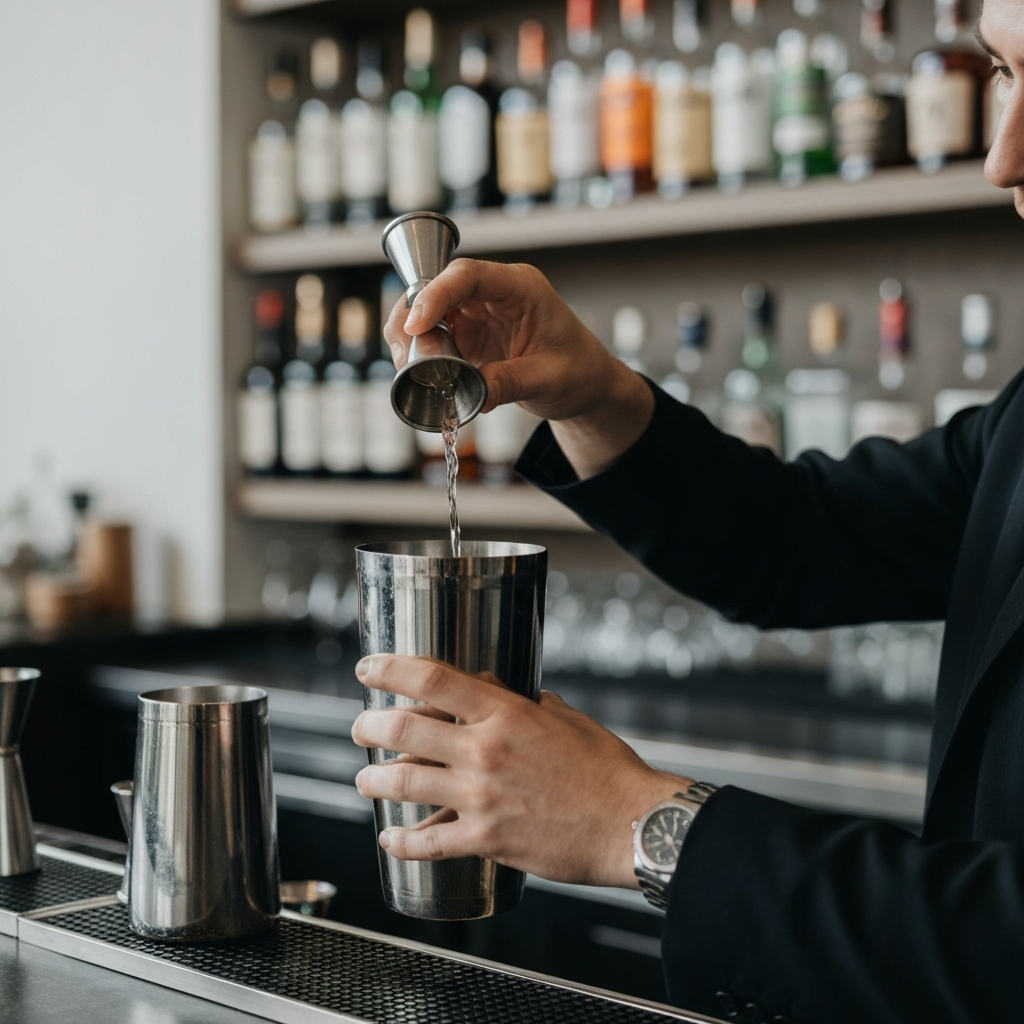 Close-up of a bartender's hands pouring a clear liquid from a jigger into a cocktail shaker. The shaker is stainless steel, and the background is blurred, suggesting a professional bar setup with bottles of spirits lining the shelves.