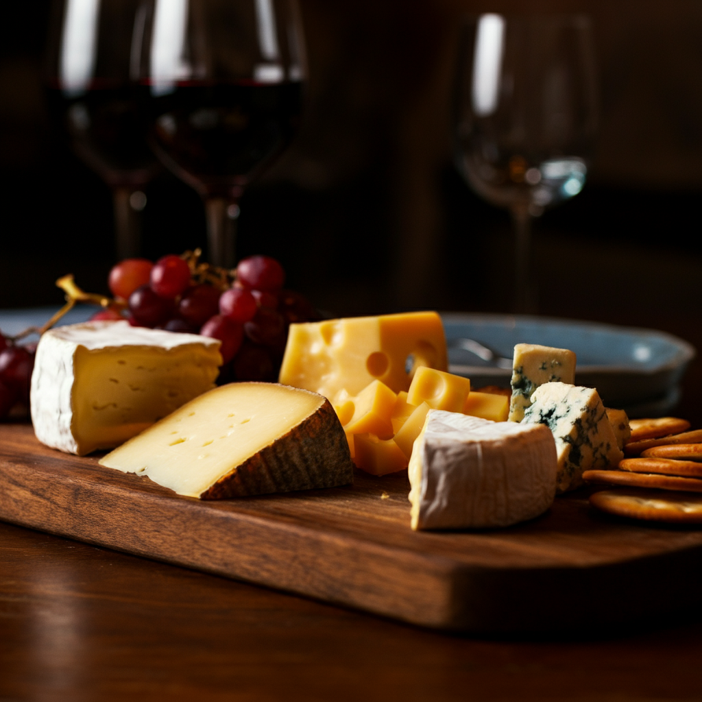 A beautifully arranged platter of cheese, crackers, and grapes on a rustic wooden board. The lighting is warm and inviting, highlighting the textures of the different cheeses and the vibrant colors of the grapes. Soft bokeh in the background showing glasses of red wine.