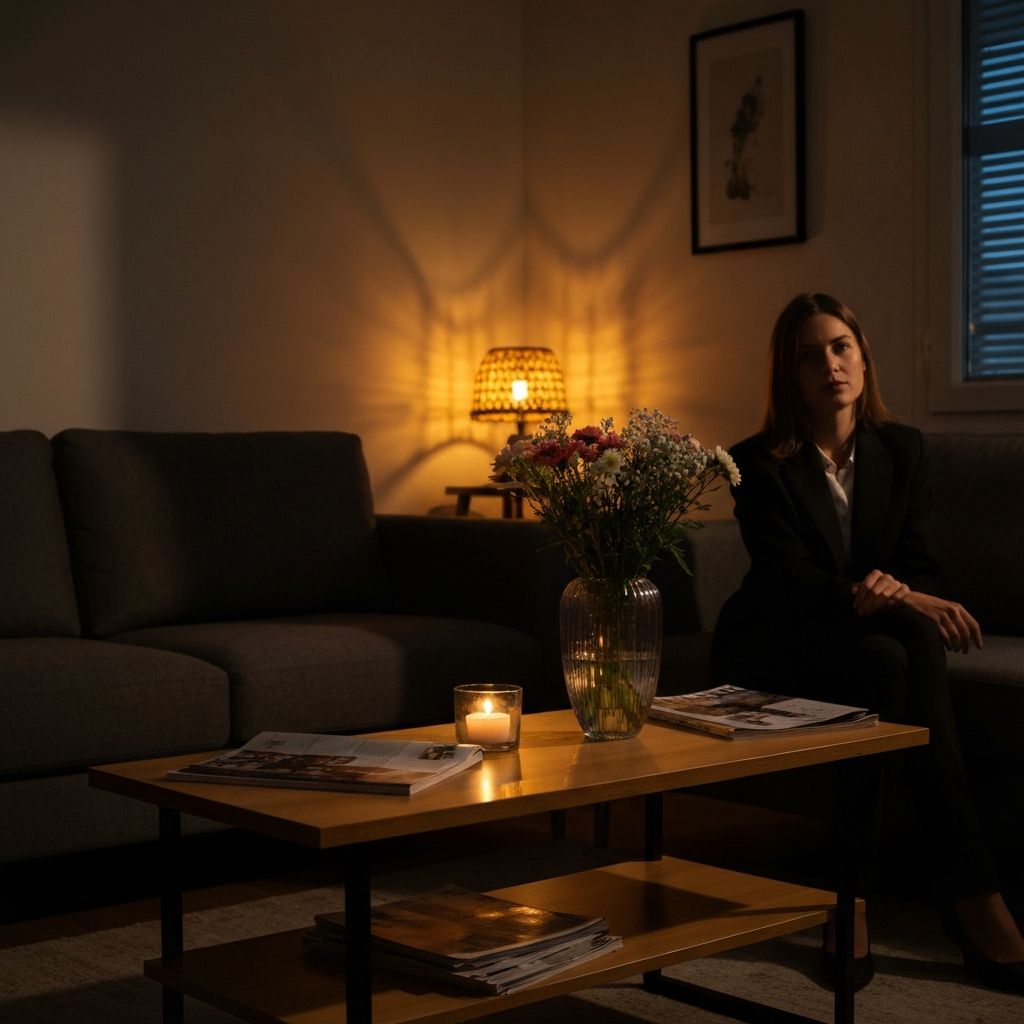 A living room at dusk, illuminated by soft string lights and candles. The focus is on a coffee table with a vase of flowers and a few scattered magazines. Soft, warm light casting shadows on the walls.
