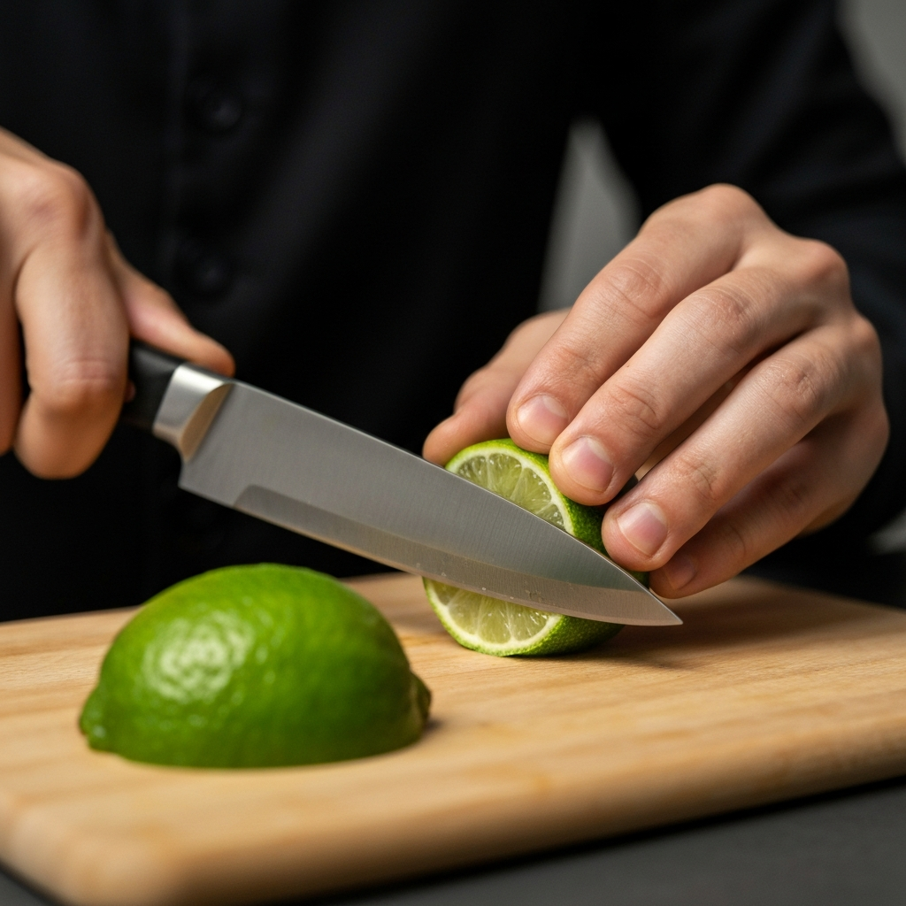 A close-up of a hand carefully slicing a lime into wedges, preparing garnishes for cocktails. The lime is vibrant green, and the knife is sharp and clean. Background is blurred, focusing on the detail of the hand and the lime.