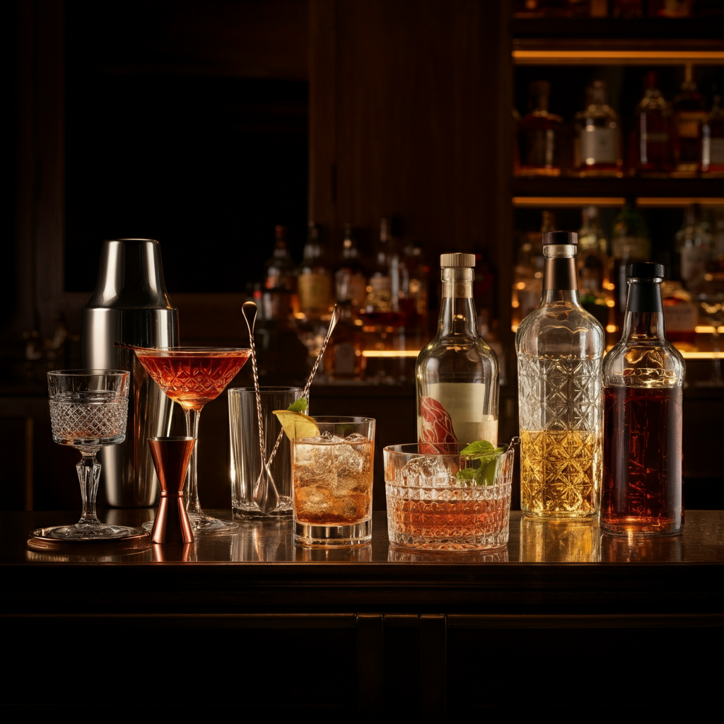 A beautifully set bar area with different types of cocktail glasses, shakers, and bottles of liquor. The lighting is soft and focused, highlighting the details of the glassware and the colors of the liquids.