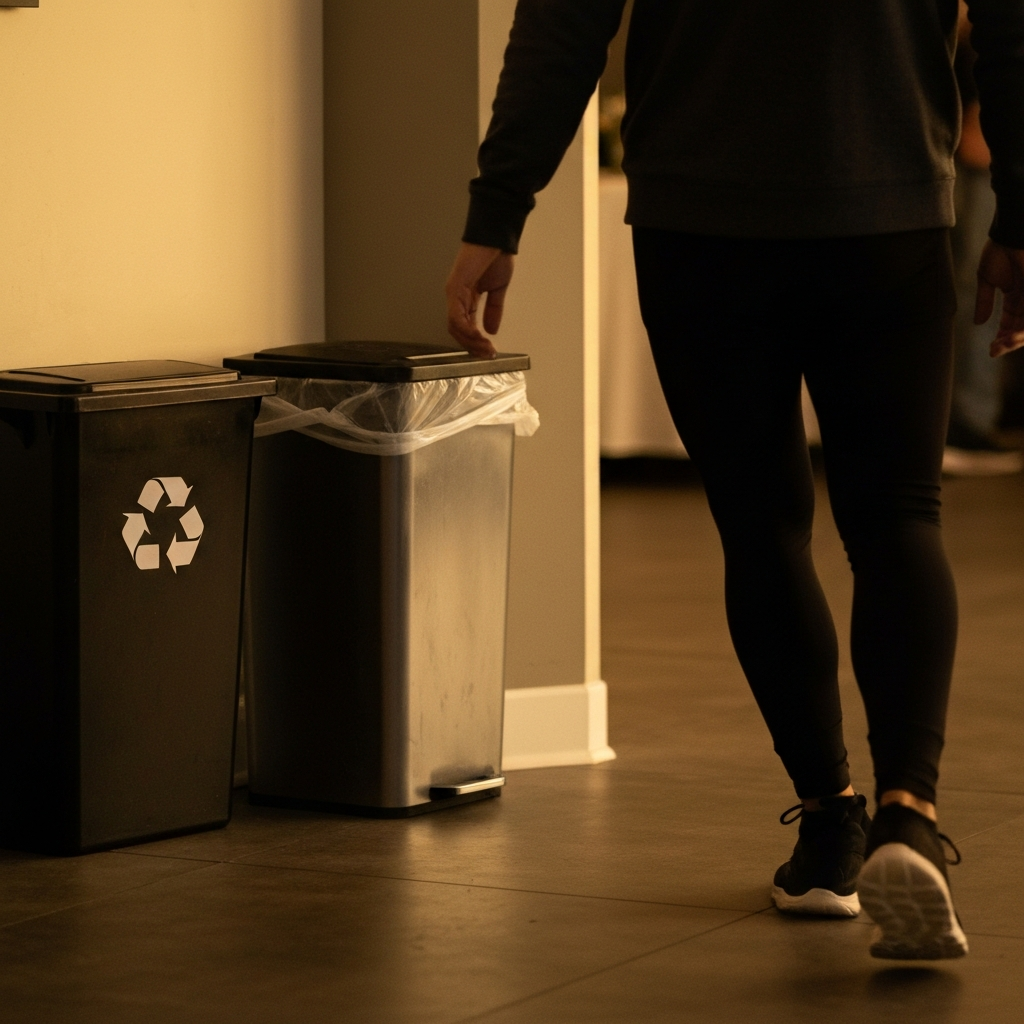 A discreetly placed trash can with a recycling bin next to it, subtly positioned in a corner of a party setting. Soft lighting and blurred background.