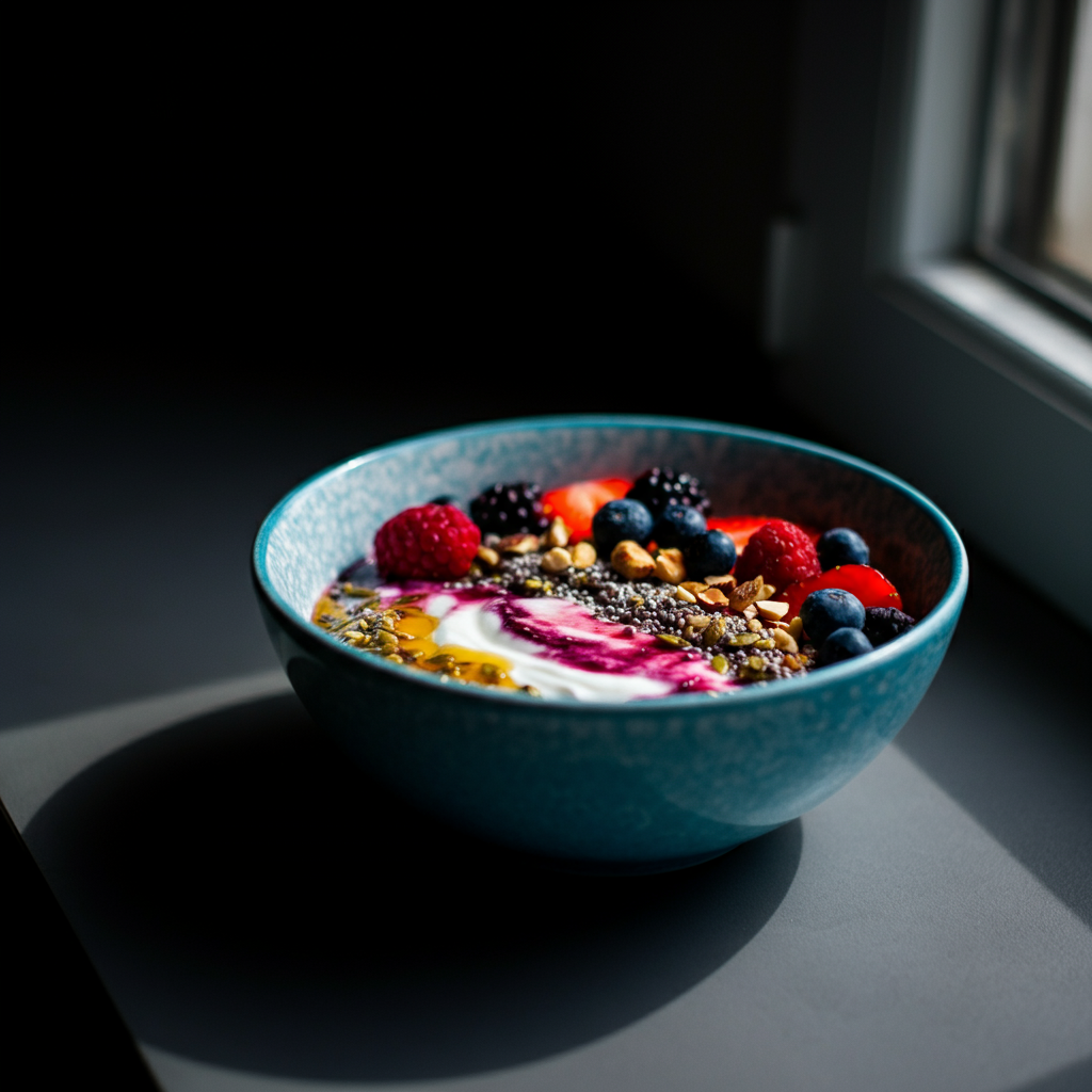 Close-up of a colorful breakfast bowl with Greek yogurt, berries, and a sprinkle of nuts. Soft morning light streams through a nearby window, highlighting the textures and colors.