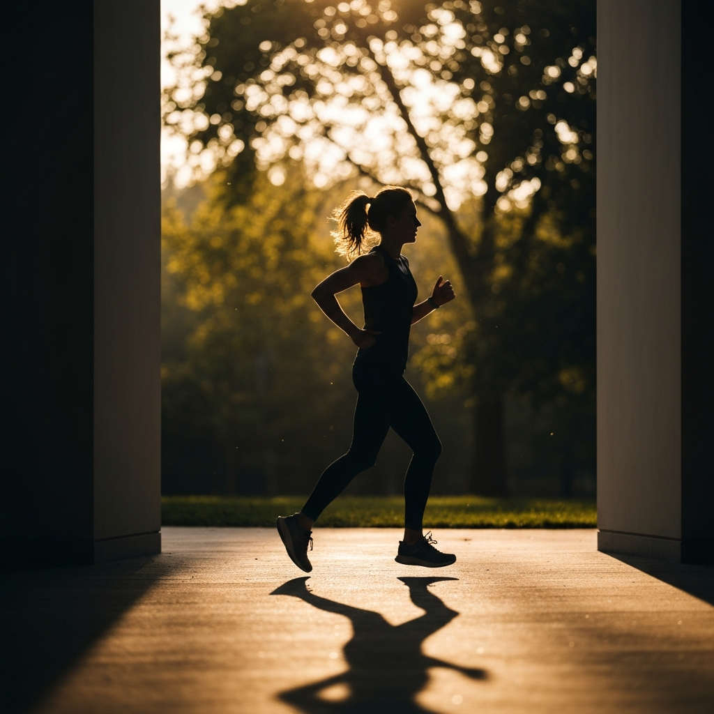 A person running outdoors in a park during golden hour, the sun casting long shadows. Focus is on the runner's silhouette with soft bokeh in the background of trees and foliage.