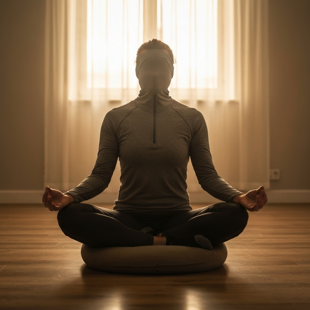 A person meditating in a quiet room, sitting cross-legged on a cushion. Soft, diffused light fills the space, creating a calming atmosphere.