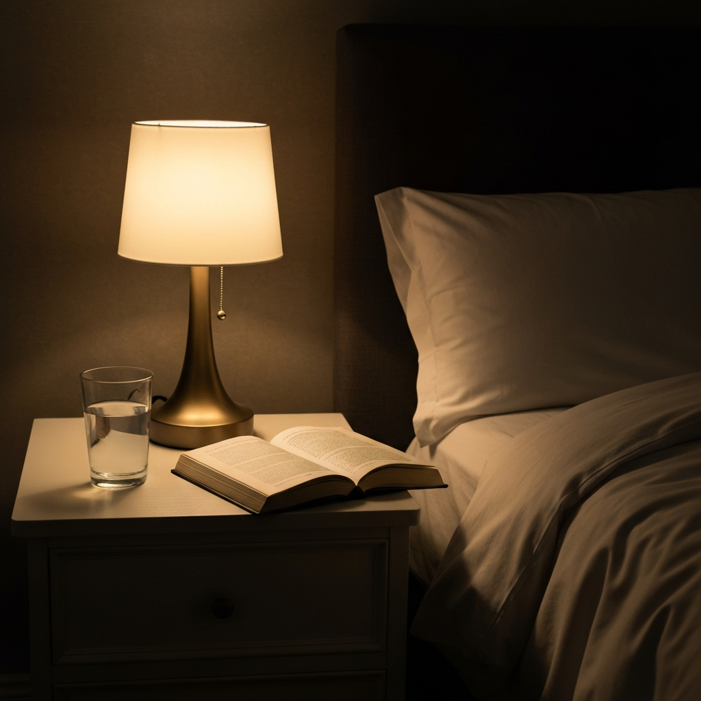 A bedroom scene with a dimly lit bedside table featuring a book and a glass of water. The focus is on the textures of the bedding and the soft glow of the lamp.