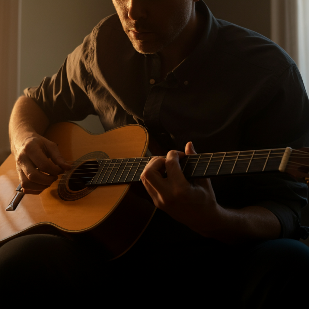 A person learning to play a musical instrument (like a guitar or piano) in a well-lit room, focusing on the hands on the instrument. Natural light from a window illuminates the scene.