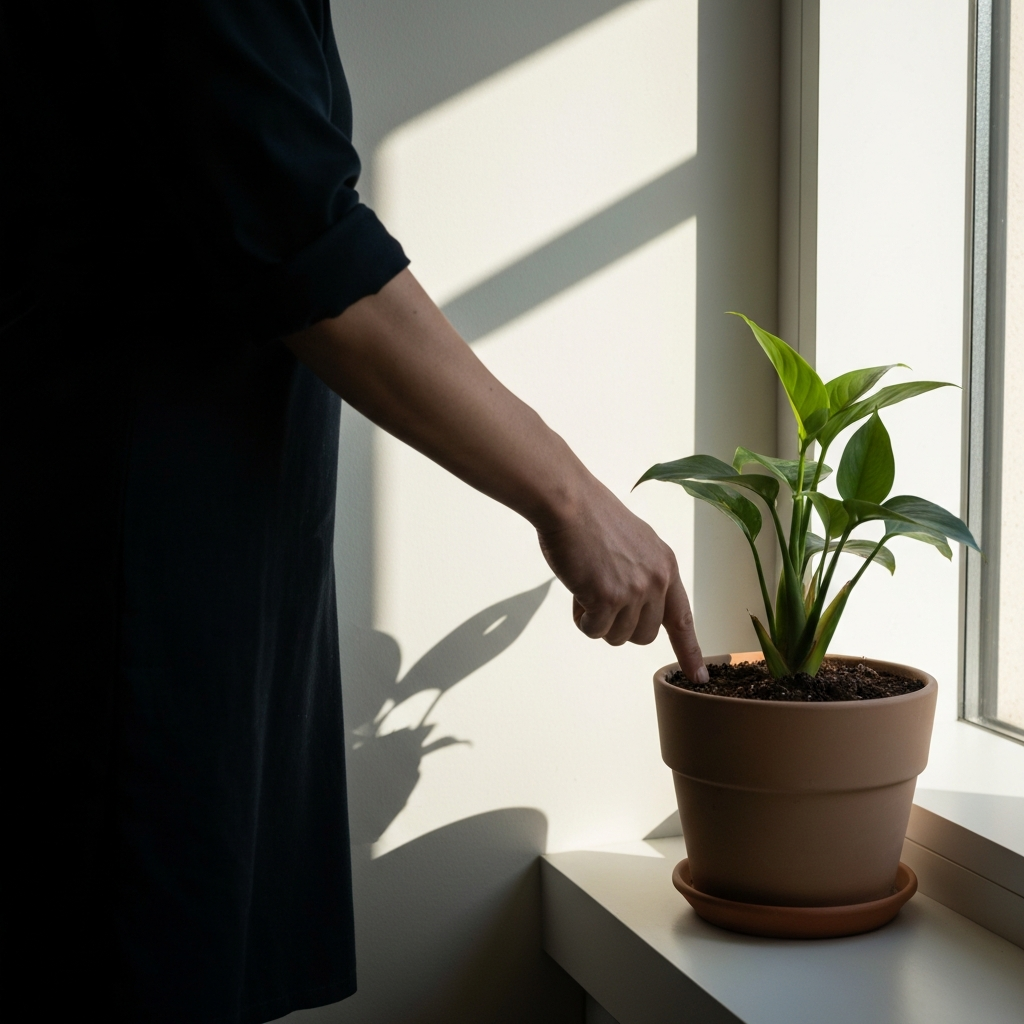 Side-lit shot of a person's hand inserting a finger into the soil of a potted plant, with natural sunlight streaming through a nearby window.