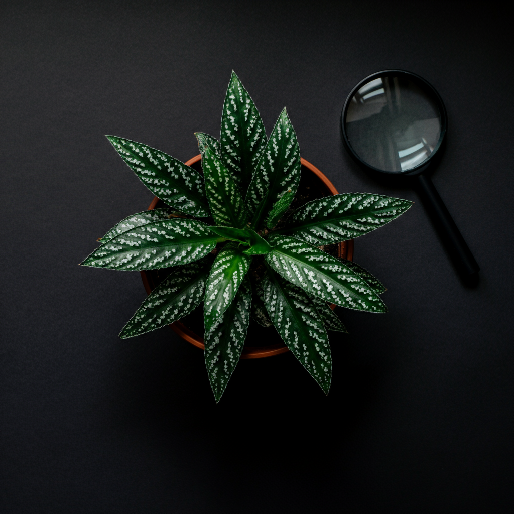 Top-down view of a houseplant with small white spots on its leaves, a magnifying glass lying next to it.