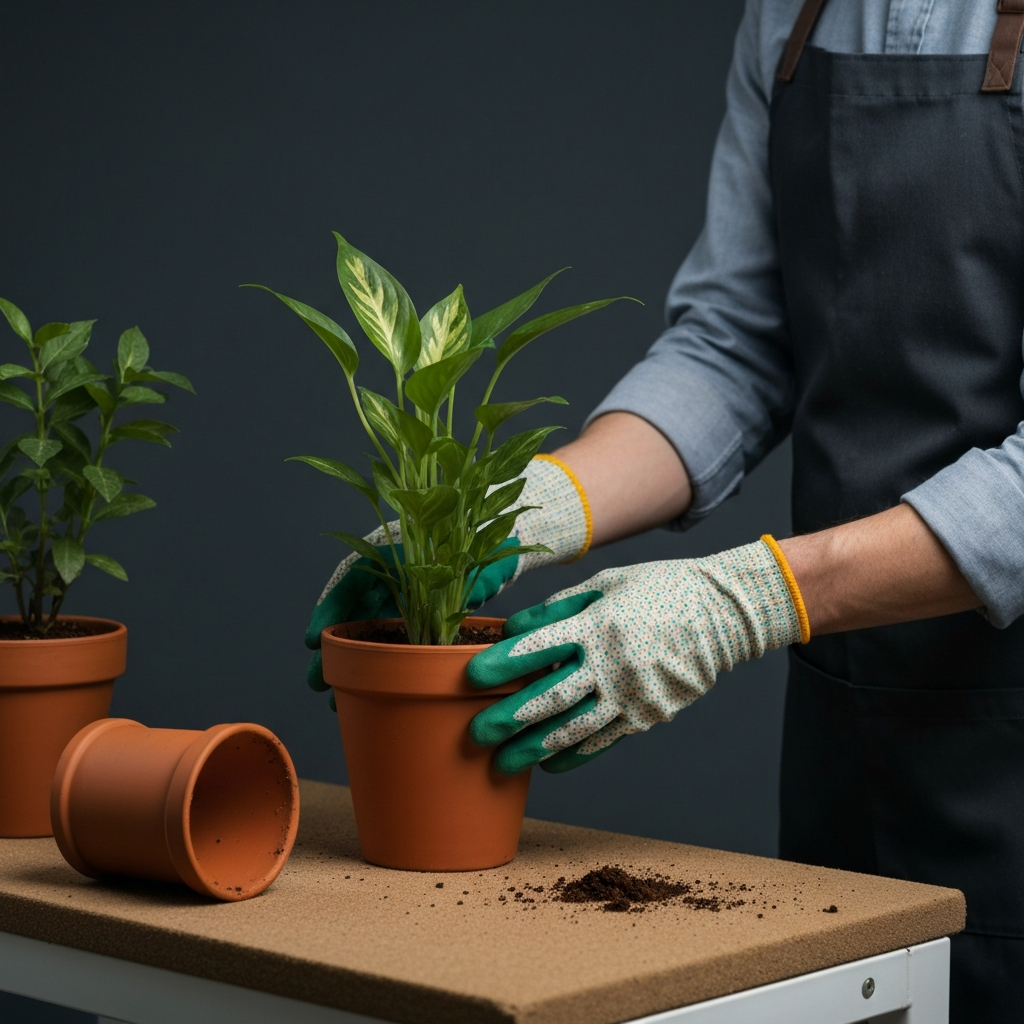 Person wearing gardening gloves carefully repotting a small houseplant into a new terracotta pot on a potting bench.