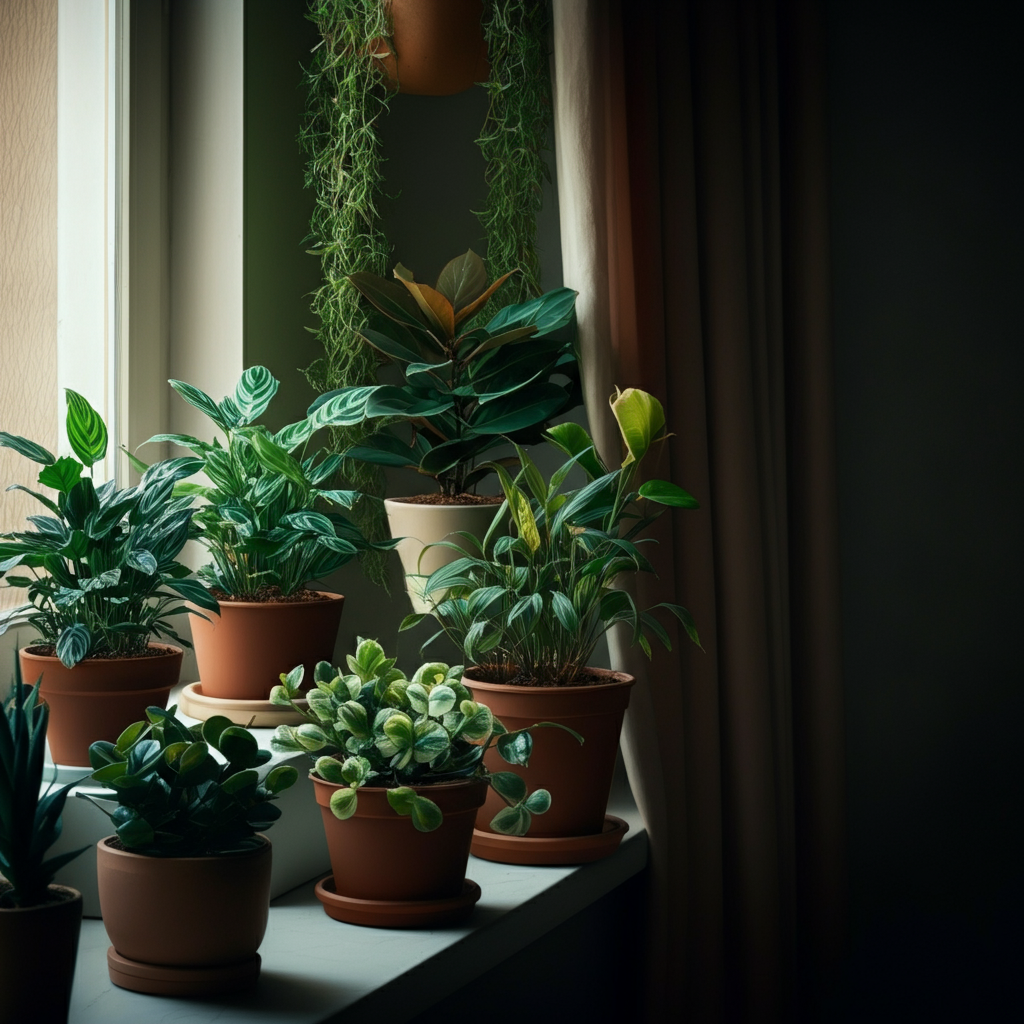 A collection of houseplants sitting on a windowsill, bathed in soft, diffused light.