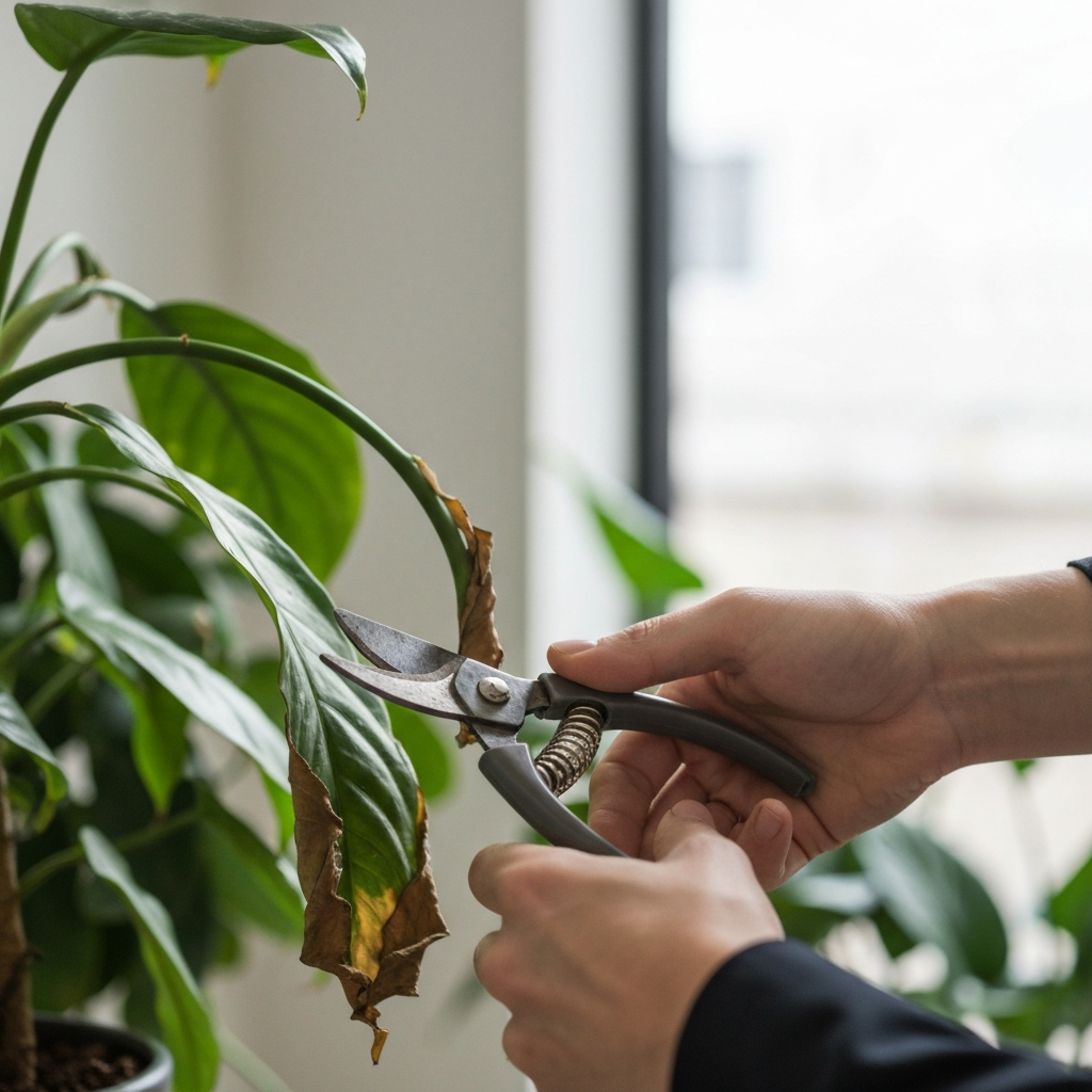 Close-up shot of a hand using pruning shears to trim a dead leaf from a houseplant, with a blurred background of other plants.