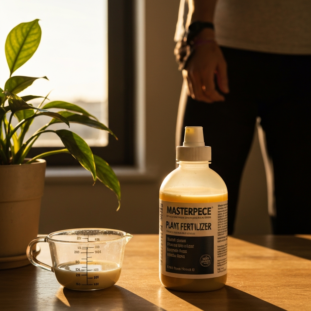 A bottle of liquid plant fertilizer with a measuring cup next to it, sitting on a table next to a healthy-looking houseplant.