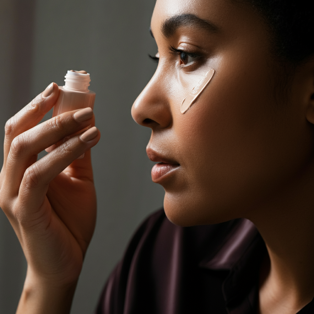 Close-up of hands applying tinted moisturizer to clean, well-lit skin. Soft, diffused light, focus on the texture of the product and skin, background blurred.