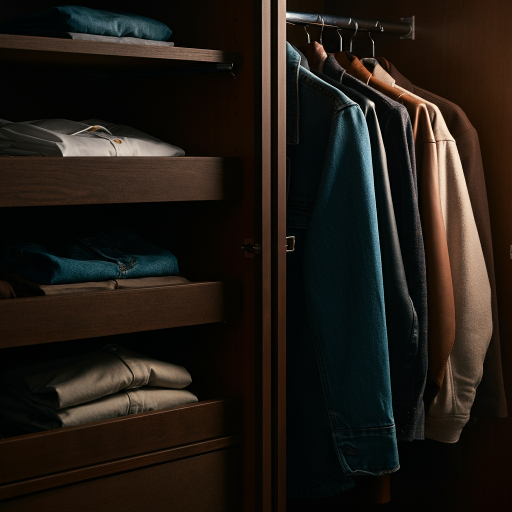 Open closet with neatly organized clothing. Soft, warm lighting, focus on the texture of different fabrics (cotton, denim, silk). Clothes are arranged by color and type.