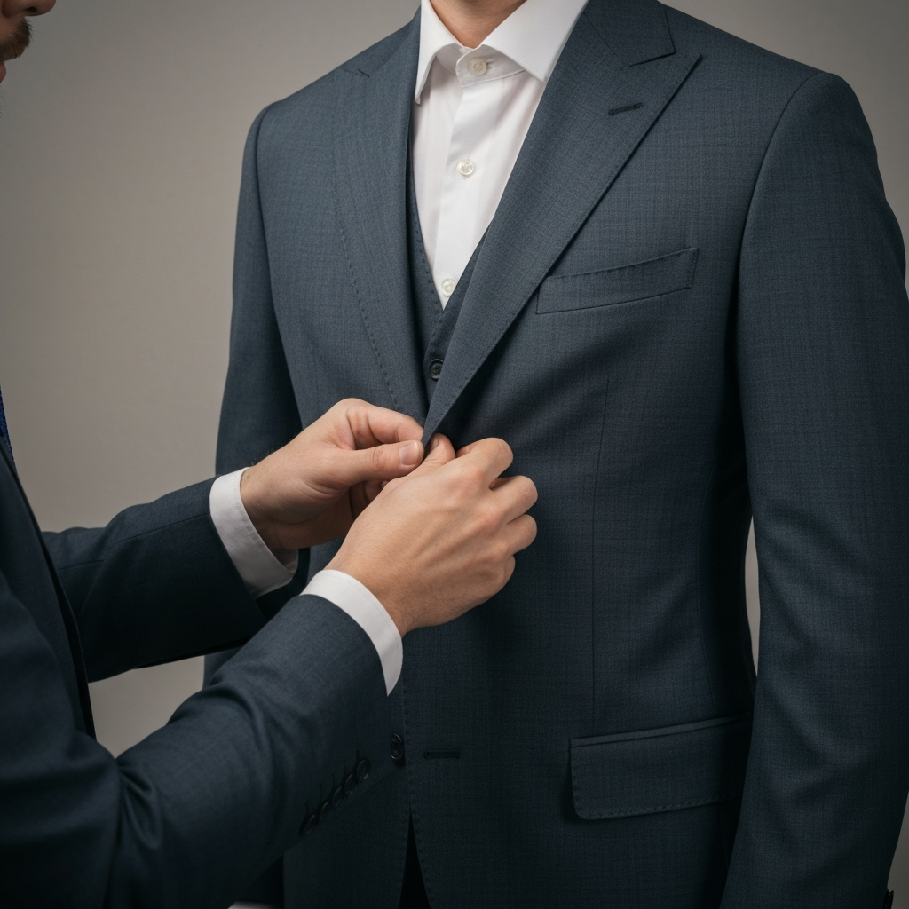 Tailor fitting a blazer on a customer. Good lighting, focus on the tailor's hands and the precise adjustments being made to the fabric.