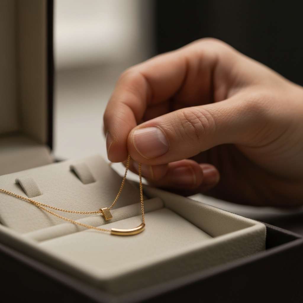 Close-up of a hand selecting a simple gold necklace from a jewelry box. Soft, diffused light, focus on the texture of the metal and the delicate chain.