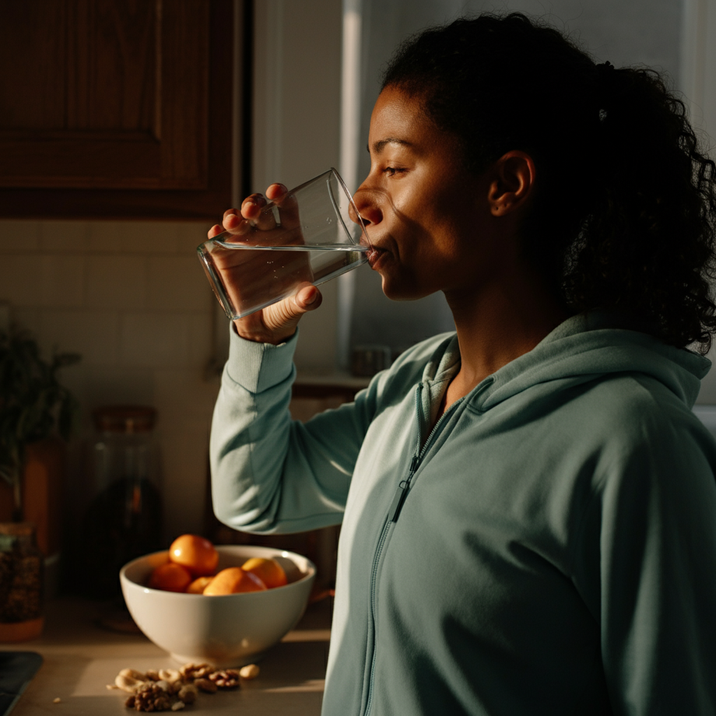 Woman drinking water from a glass in a sunny kitchen. Natural light, focus on the glass of water and the healthy snacks (fruits and nuts) on the counter.