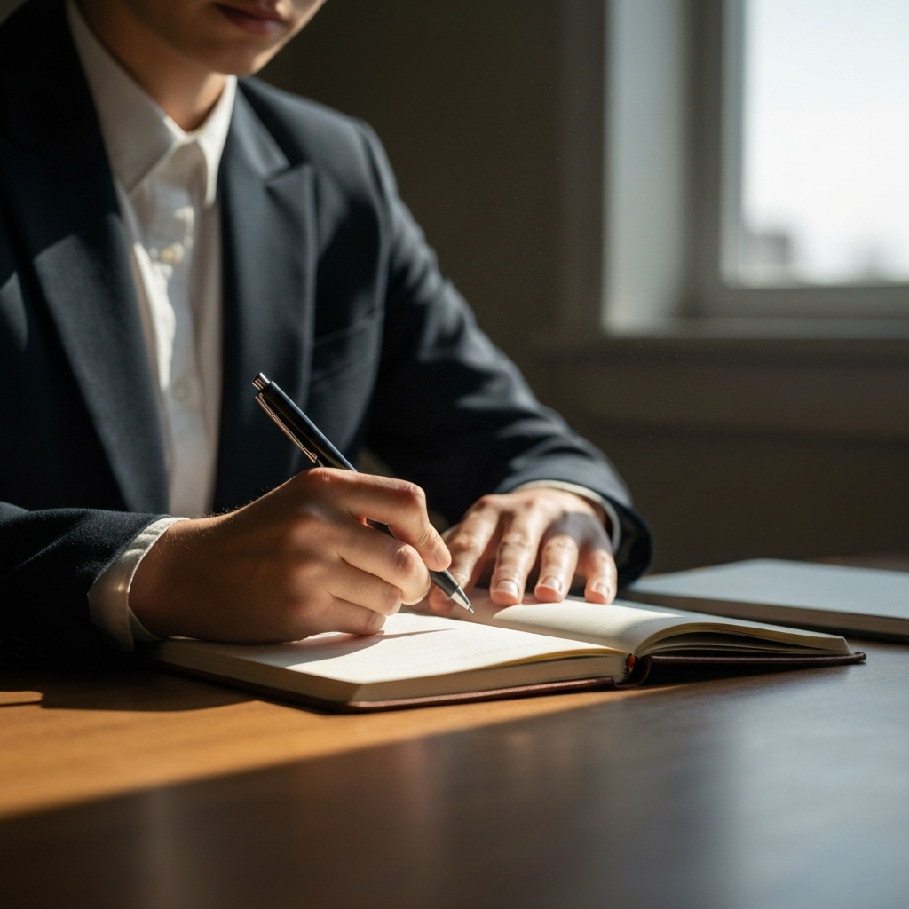 A person sitting at a desk, writing in a journal. Sunlight streams through a window, highlighting dust motes in the air. The journal is leather-bound, and a pen rests on the open page. The person's hand is visible, holding the pen with a relaxed grip.