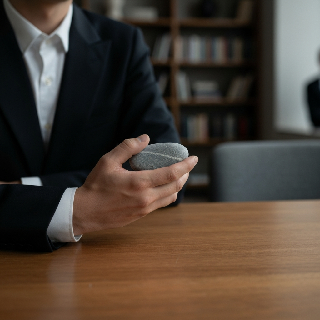 A close-up of a hand holding a small, smooth stone. The hand is resting on a wooden table. The stone is gray with subtle variations in texture. The background is blurred, showing a dimly lit room with bookshelves.