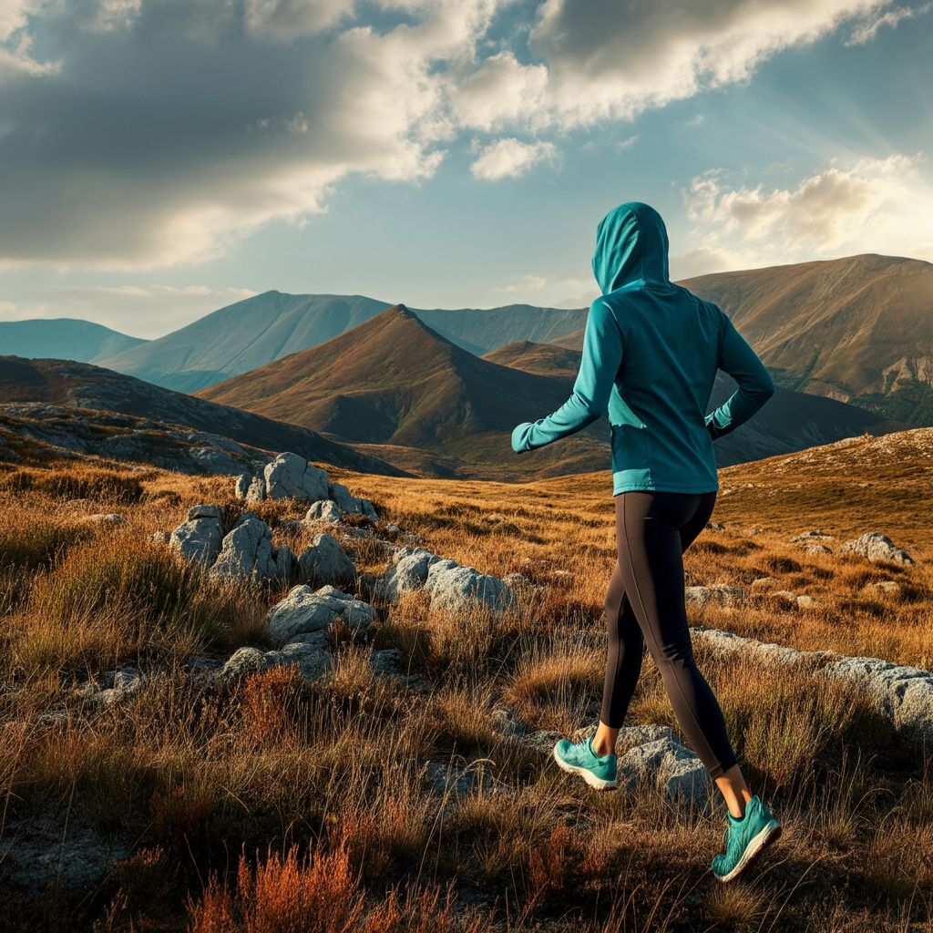 A wide shot of a rugged mountain landscape. The sky is partly cloudy, with sunlight breaking through in patches. The mountains are covered in sparse vegetation. The overall tone is one of vastness and resilience.