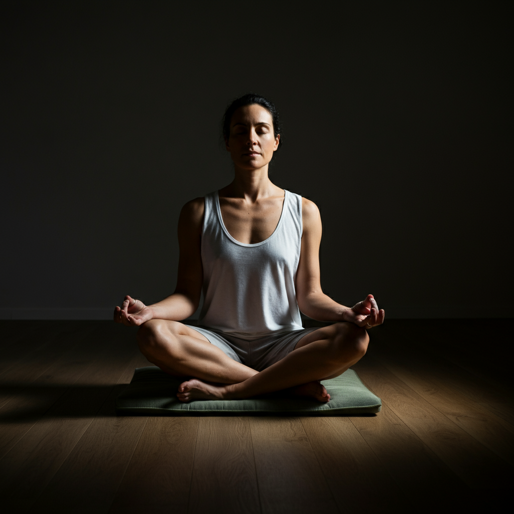 A person meditating in a quiet room. They are sitting cross-legged on a cushion, with their hands resting on their knees. The room is sparsely furnished, with soft, natural light filtering through a window. The person's expression is serene and focused.