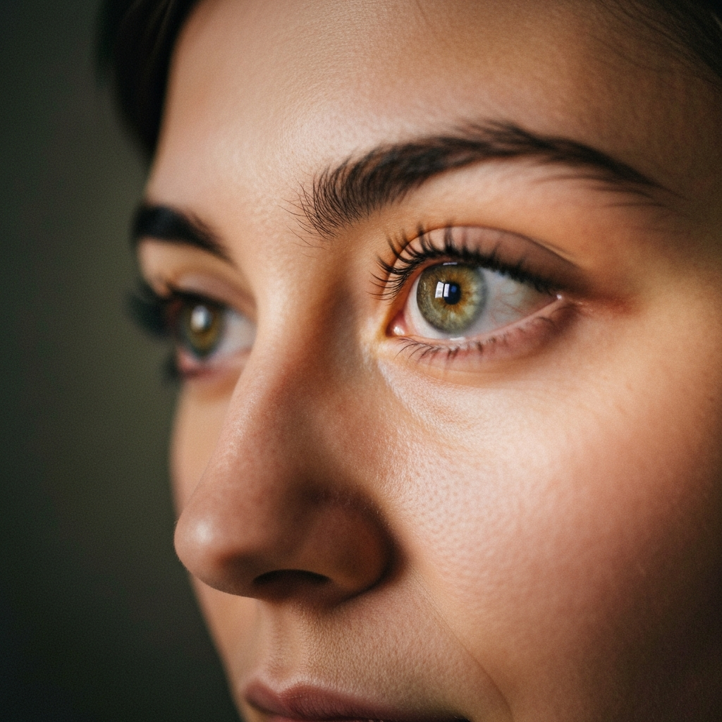A close-up of a person's eyes. The eyes are focused and calm, reflecting the soft light of the room. The person's face is slightly blurred, emphasizing the focus on the eyes.