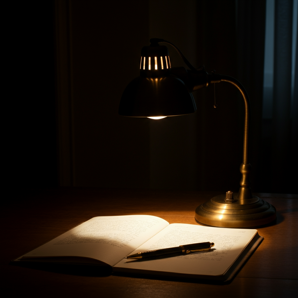 A desk lamp illuminating a handwritten journal. The journal is open to a page filled with neatly written text. A pen rests beside the journal. The light casts a warm glow on the scene.