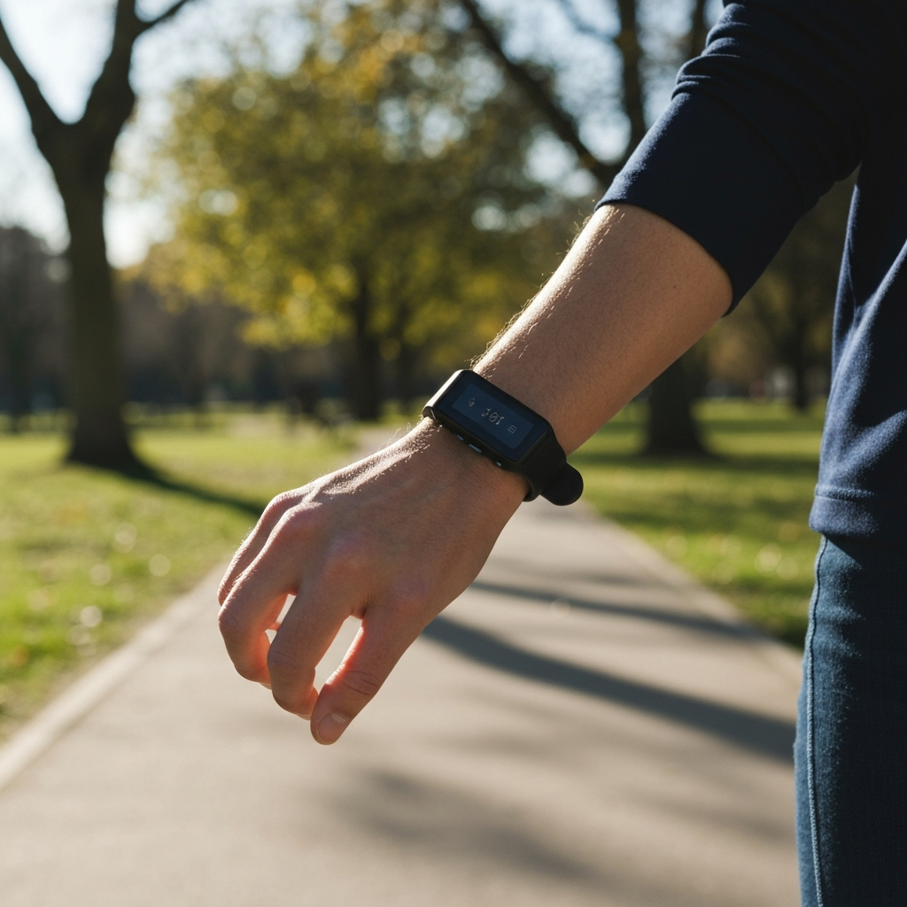 A person using a fitness tracker on their wrist while walking on a sunny park path. Shallow depth of field highlights the tracker and hand, with blurred trees in the background.