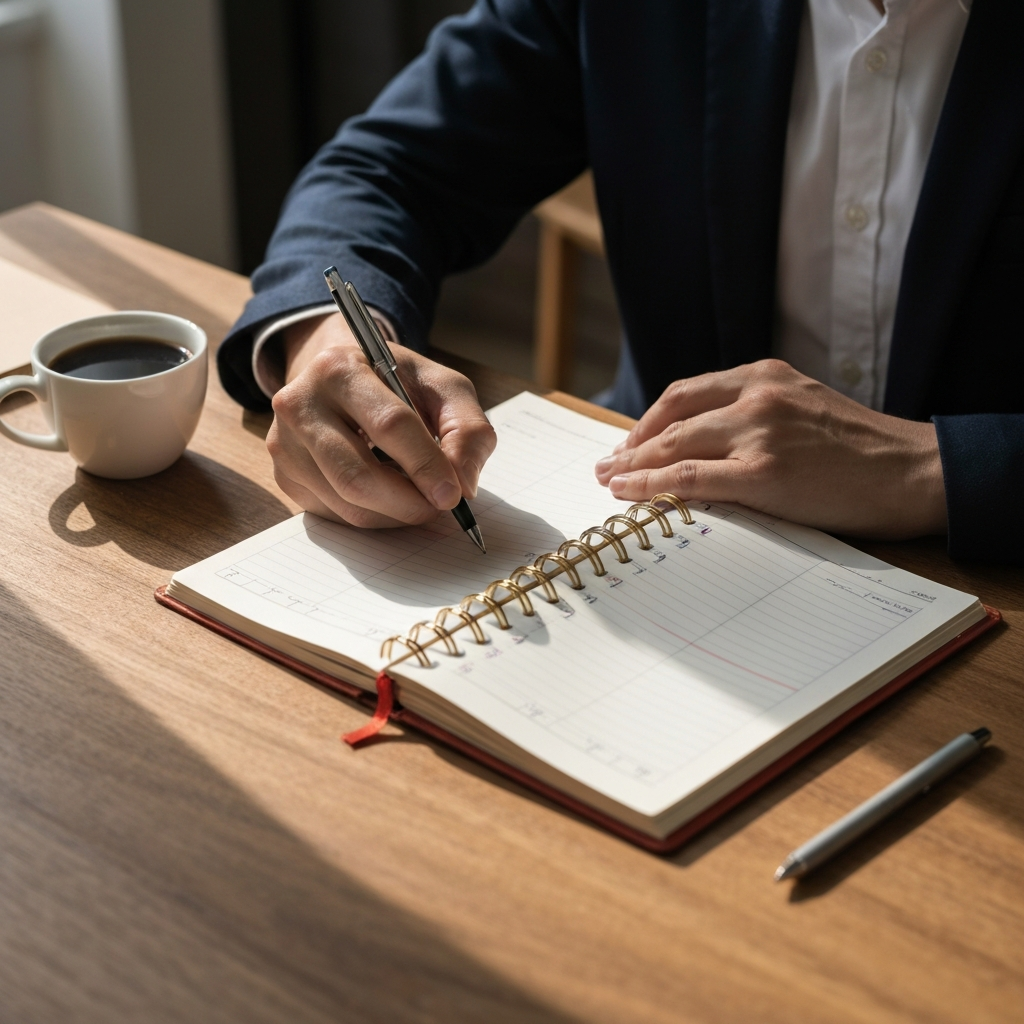 A person writing in a planner at a wooden desk, a cup of coffee nearby. Natural light illuminates the desk, highlighting the texture of the wood and the paper.