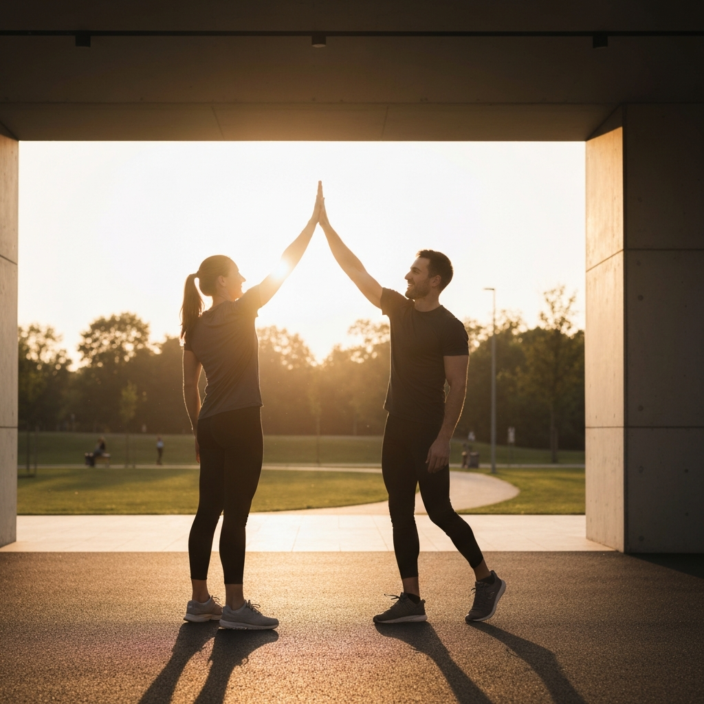 Two friends high-fiving each other after completing a workout together in a park. Golden hour lighting creates a warm and celebratory mood.