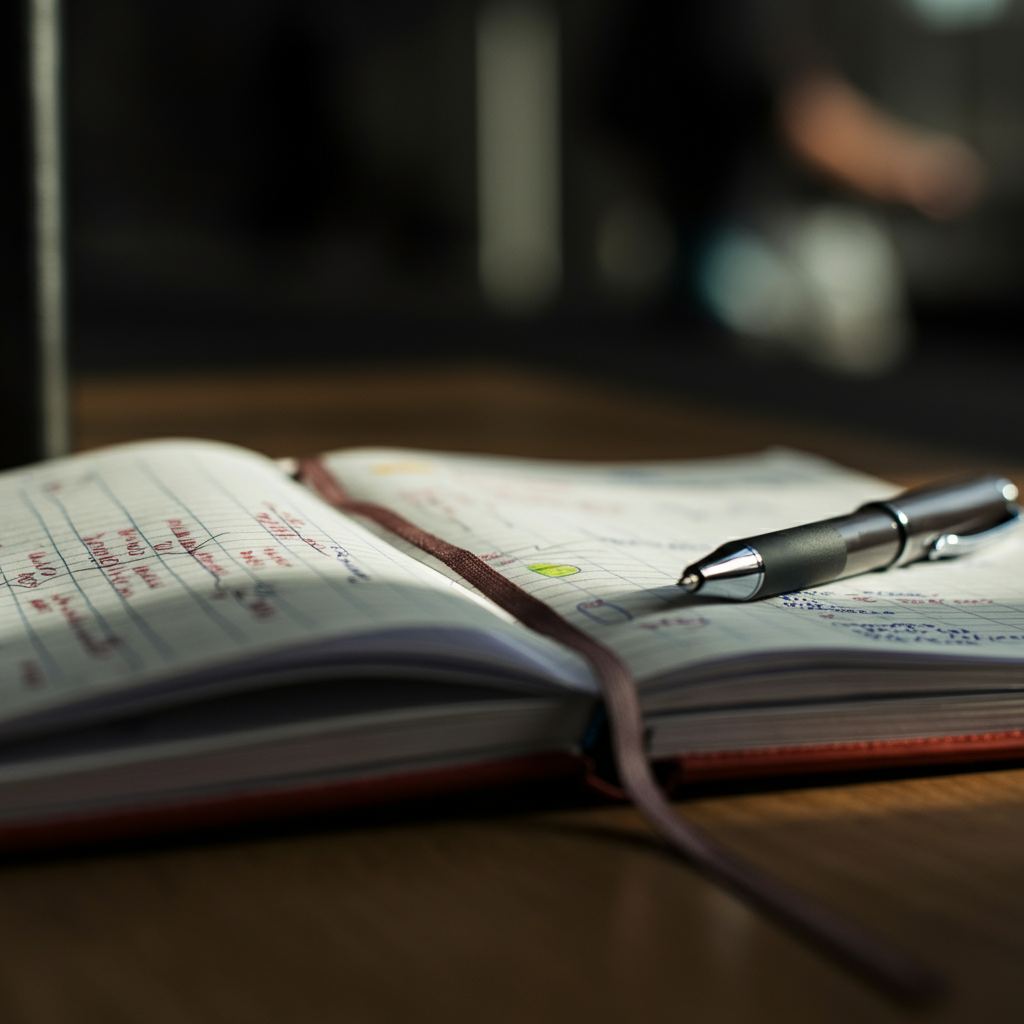 A close-up shot of a fitness journal open on a table, with handwritten notes and progress charts. Natural light highlights the texture of the paper and the pen resting on the page.