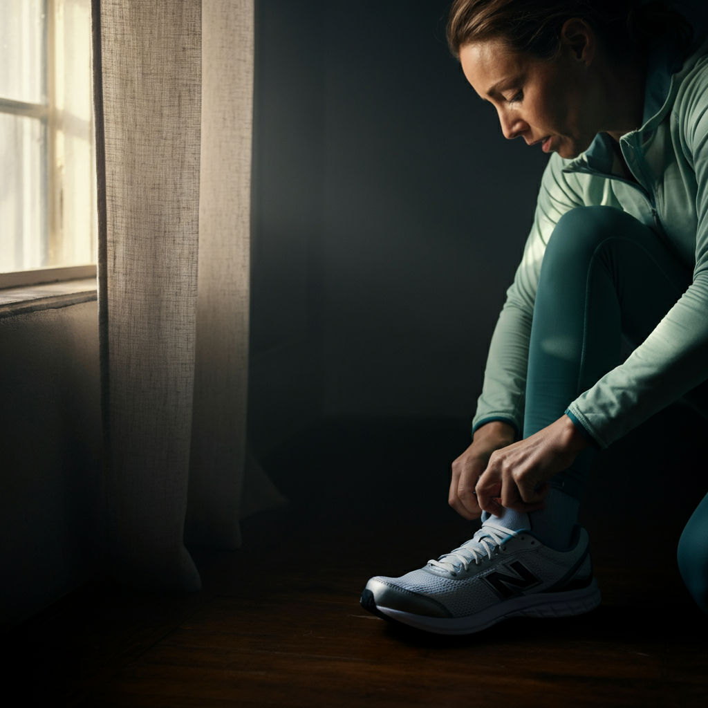 A person putting on their running shoes early in the morning, with a determined expression on their face. Soft, diffused light filters through the window, creating a sense of quiet resolve.