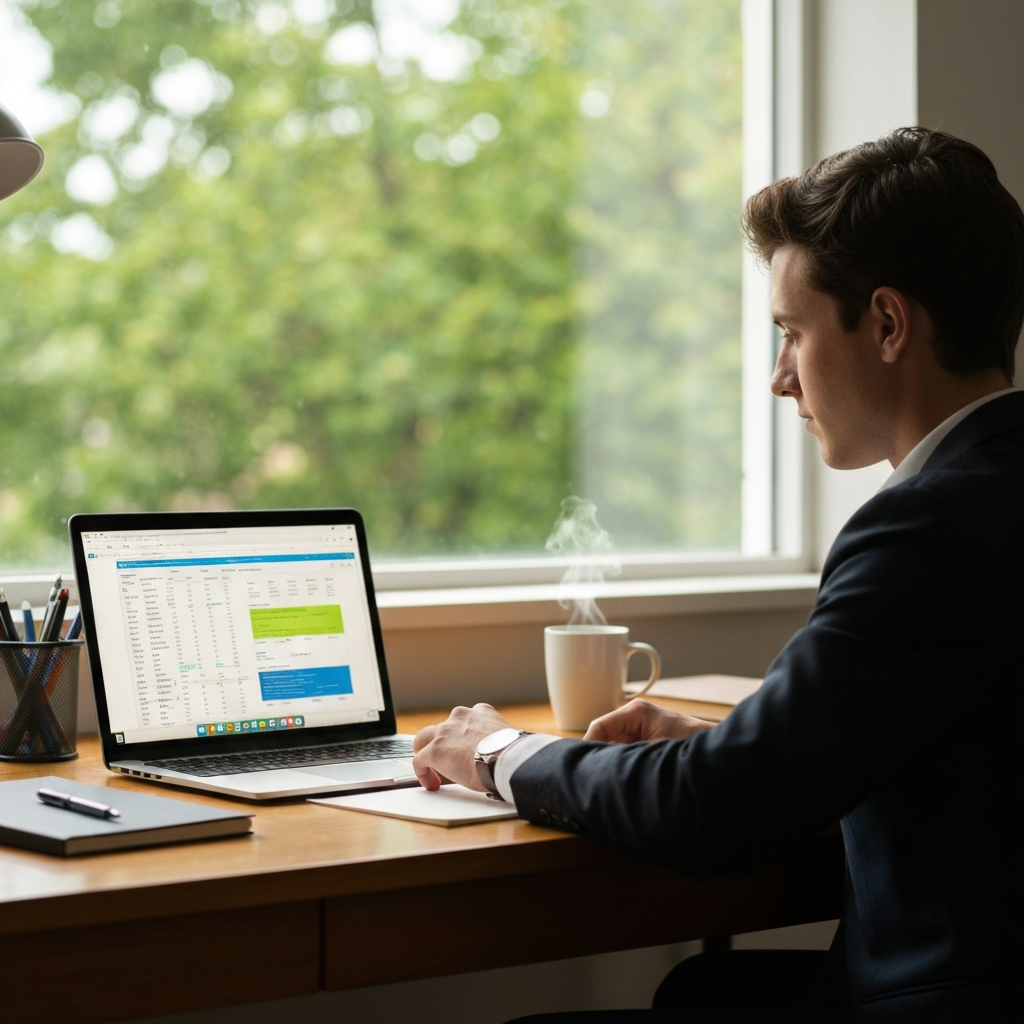 A young adult sits at a wooden desk in a sunlit room, illuminated by a laptop screen displaying a colorful budget spreadsheet. Soft bokeh through the window reveals green trees. The desk also holds a pen, notebook, and a steaming mug.