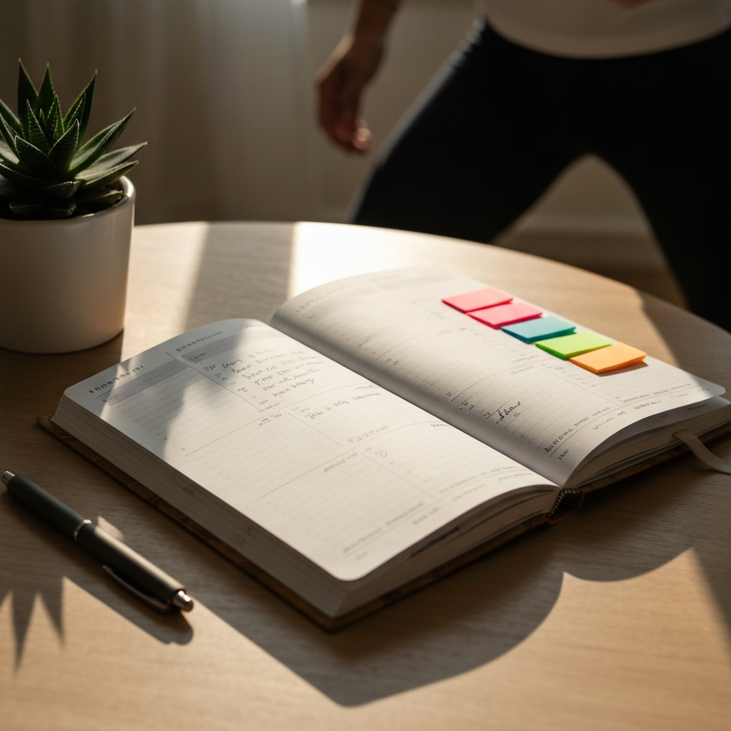 A close-up shot of a stylish planner lying open on a coffee table, displaying handwritten notes and colorful sticky notes. Natural light floods the scene, casting soft shadows. Next to the planner sits a pen and a small succulent plant.