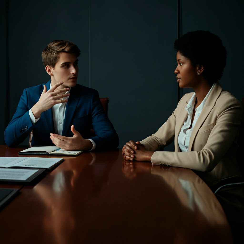 Two young professionals sit across from each other at a conference table, engaged in a focused discussion. The room is well-lit with natural light. One is gesturing calmly while the other listens attentively. Both are dressed professionally.