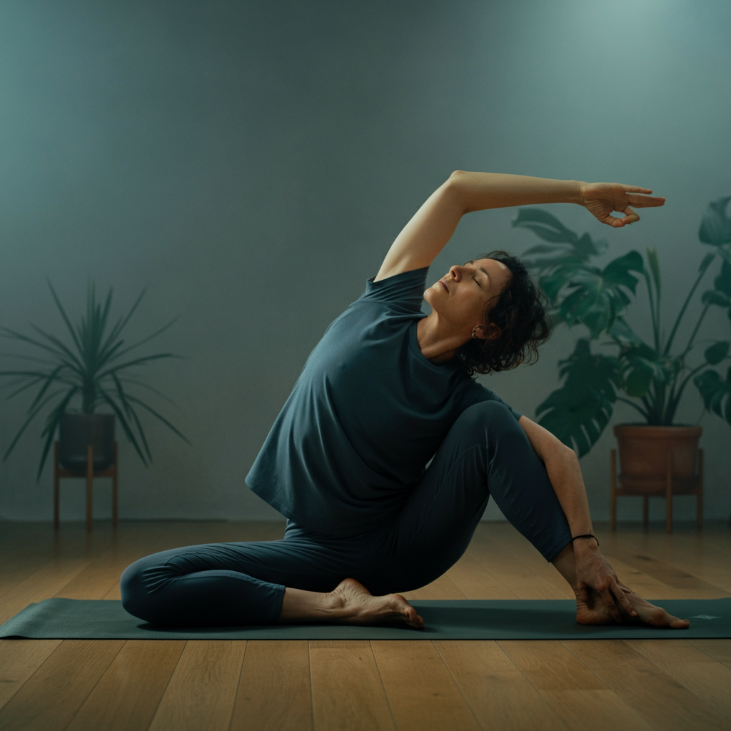 A person practices yoga in a minimalist studio bathed in soft, diffused light. The room is sparsely decorated with potted plants. The focus is on the peaceful expression on the person's face and their graceful posture.