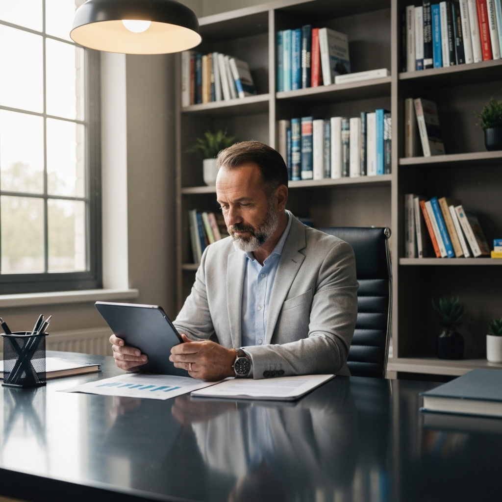 A person sits at a desk, reviewing financial documents on a tablet. The room is well-organized with soft, ambient lighting. The background features a bookshelf with various financial planning books.