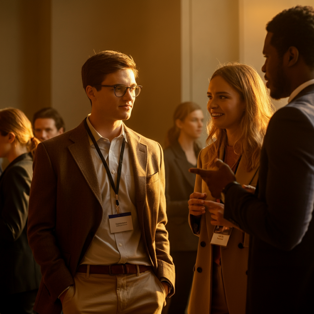 A group of young professionals are mingling at a networking event. The lighting is warm and inviting. They are dressed professionally and engaging in conversations with smiles. The scene captures a sense of positive energy and connection.