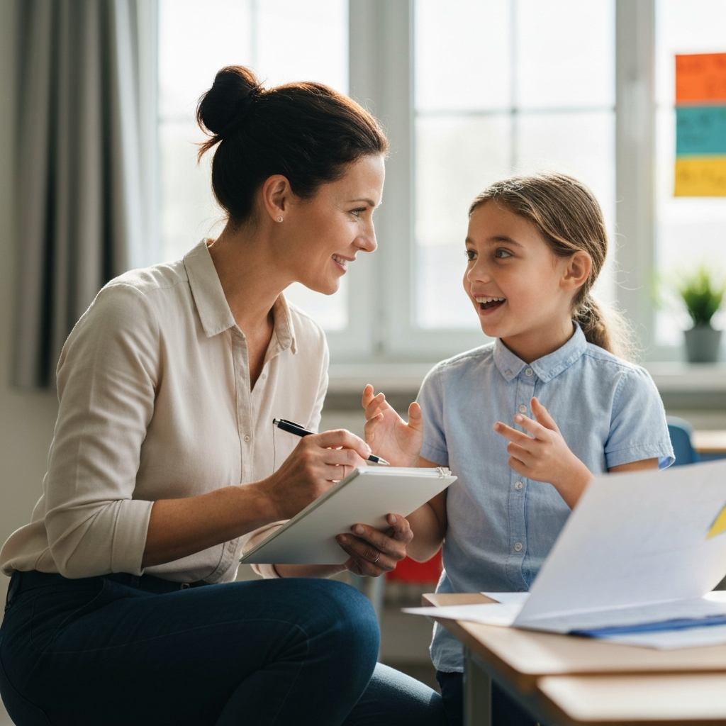 A teacher kneeling at eye level, attentively listening to a student who is excitedly explaining a project. The teacher has a notepad and pen in hand, ready to jot down notes. Soft natural light streams in from a nearby window, illuminating the teacher's empathetic expression and the student's enthusiastic gestures. The background is a colorful classroom, slightly blurred with a shallow depth of field.