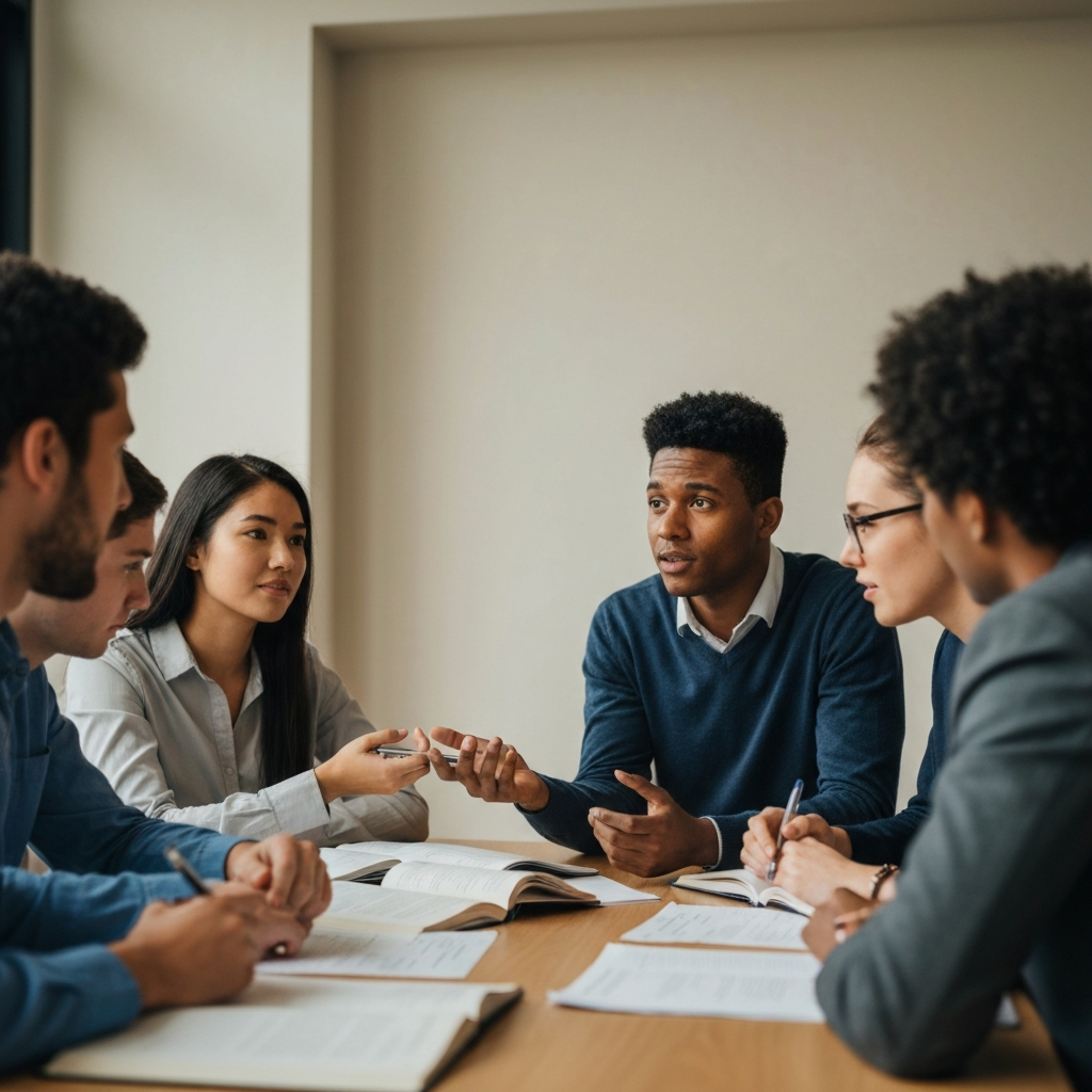 A diverse group of students sitting around a table, engaged in a discussion. One student leans forward, making eye contact with another while gesturing with their hands. The lighting is warm and inviting, highlighting the students' varying skin tones and expressions of concentration. The table is cluttered with books and papers, creating a realistic and relatable learning environment.
