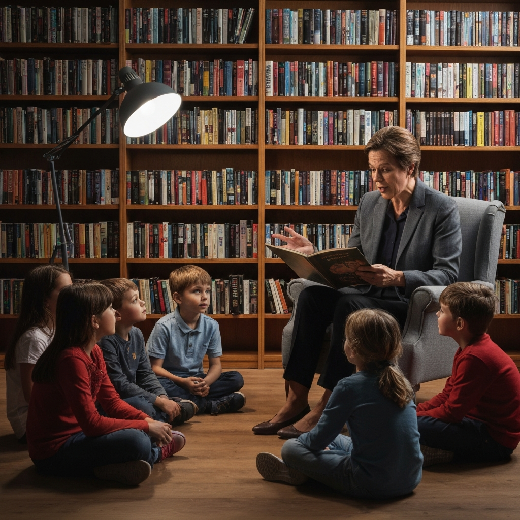 A librarian sitting in a comfortable armchair, reading a story to a group of children. The children are sitting on the floor, their faces illuminated by the soft glow of a reading lamp. The librarian is animated and expressive, using gestures and different voices to bring the story to life. The shelves behind them are filled with books, creating a warm and inviting atmosphere.