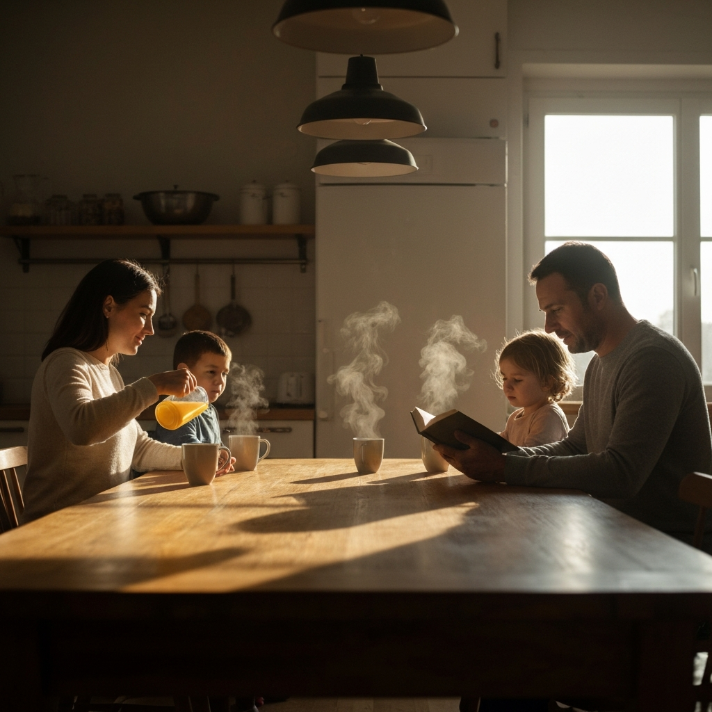 A warmly lit kitchen at dawn. A family of four is seated around a wooden table. The mother is pouring orange juice while the father is reading a book to their two children. Soft bokeh highlights the steamy mugs and the textured surface of the table. The sunlight creates long shadows.
