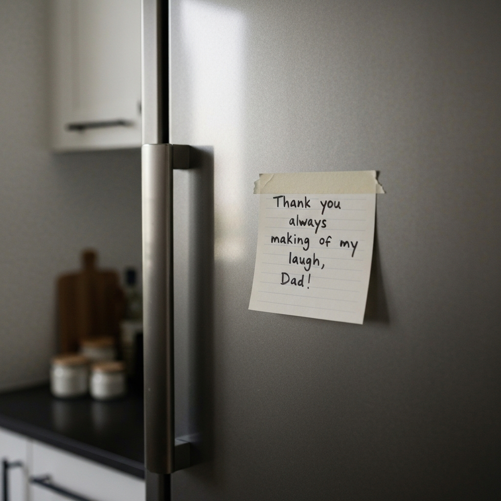 A kitchen scene, focusing on a handwritten note taped to the refrigerator. The note reads, "Thank you for always making me laugh, Dad!". The lighting is soft and natural, highlighting the texture of the refrigerator door.