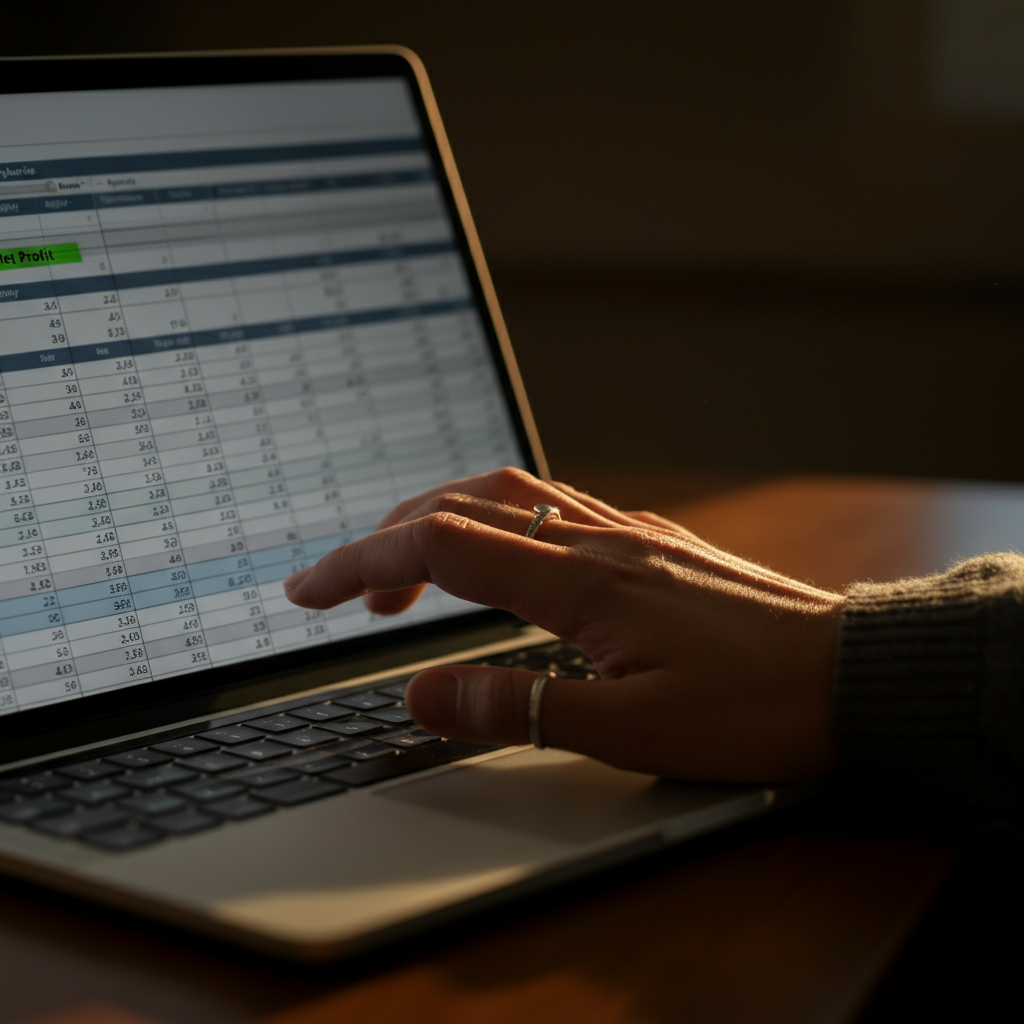 A close-up of a spreadsheet on a laptop screen, bathed in the warm glow of morning light. The numbers are slightly blurred in the background, with focus on the "Net Profit" cell highlighted in green. A hand wearing a simple silver ring gently rests on the laptop trackpad.