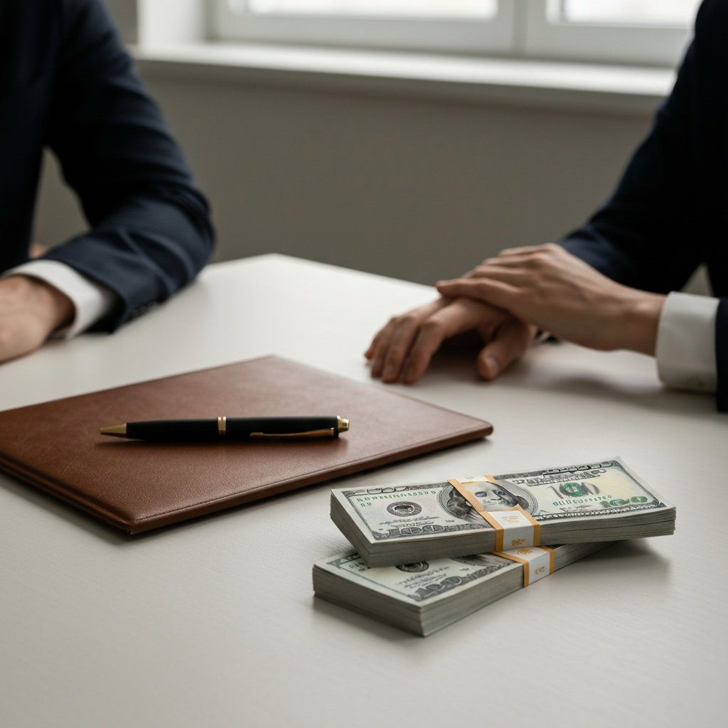 A well-organized desk with a leather-bound notebook, a sleek pen, and a stack of crisp hundred-dollar bills neatly arranged. Soft, diffused light illuminates the scene, creating a sense of financial security and order.