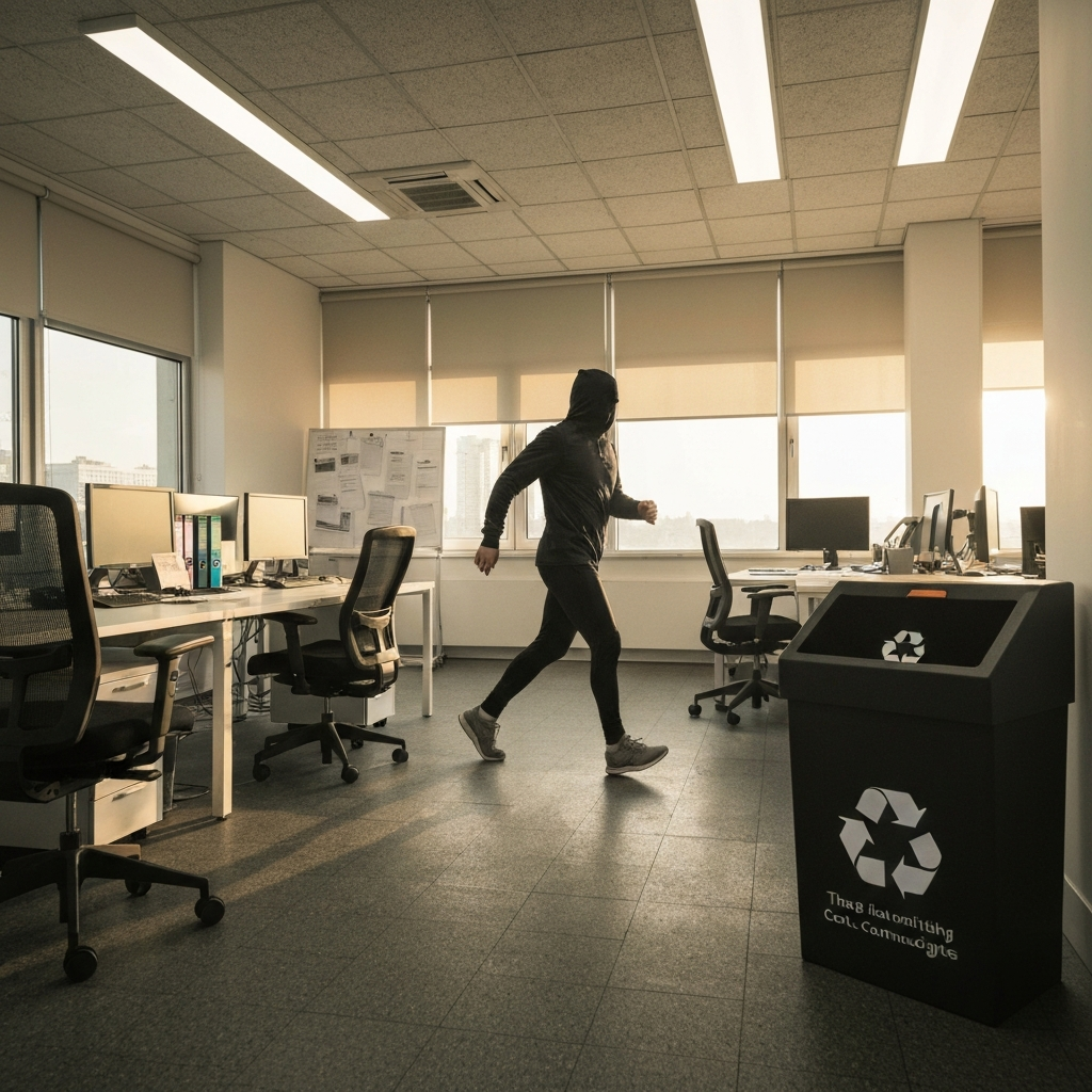 An office interior with a minimalist design, featuring ergonomic chairs and efficient LED lighting. Papers are neatly organized, and a recycling bin is prominently displayed, symbolizing resourcefulness and cost-consciousness.