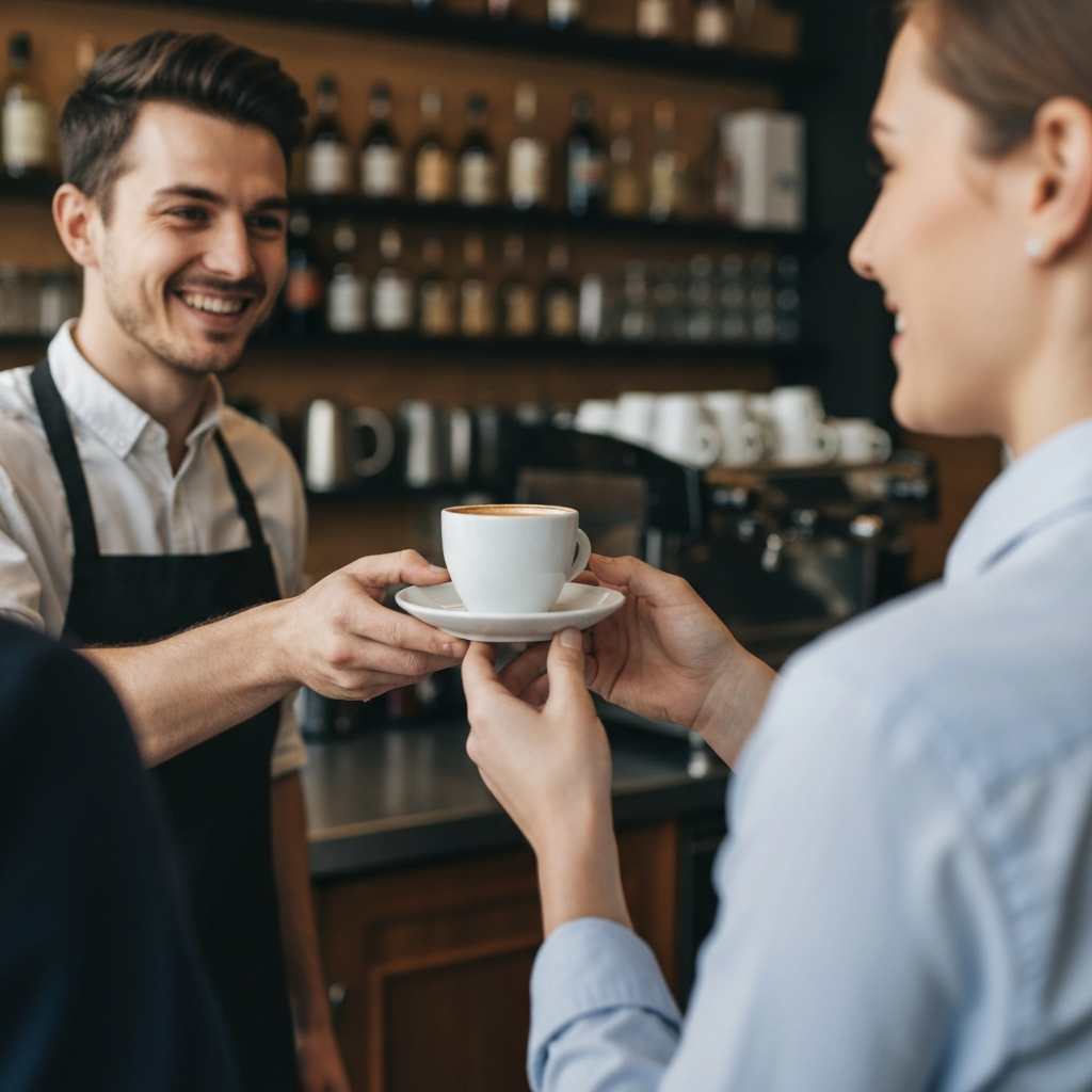 A friendly barista handing a customer a cup of coffee with a genuine smile. The café is warmly lit, and the focus is on the positive interaction between the employee and the customer, illustrating excellent customer service.